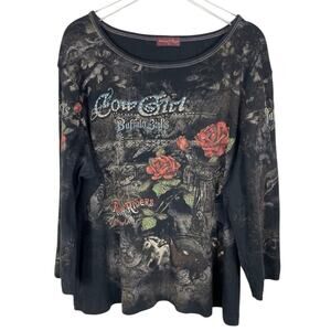 Y2K Cowgirl Rhinstone Shirt Top Roses Buffalo Bill Festival Boho Size Large